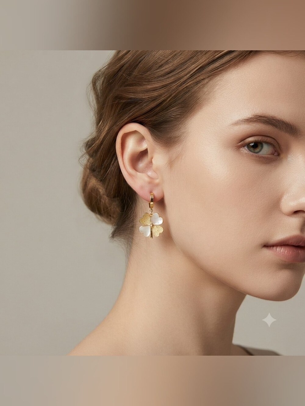 Stainless Steel Gold Plated 4 Clover w/ Mother Of Pearls Dangling Earrings